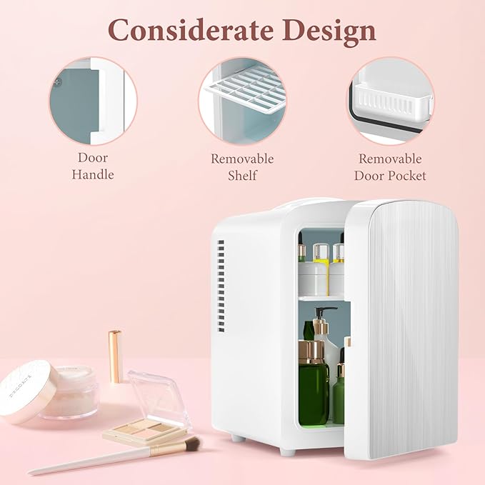 Xbeauty Mini Fridge, 4L Portable Small Refrigerator for Skincare, Cosmetics, Food & Drinks, Cooling&Heating, Compact Refrigerator for Bedroom, Dorm, Car, Office, White