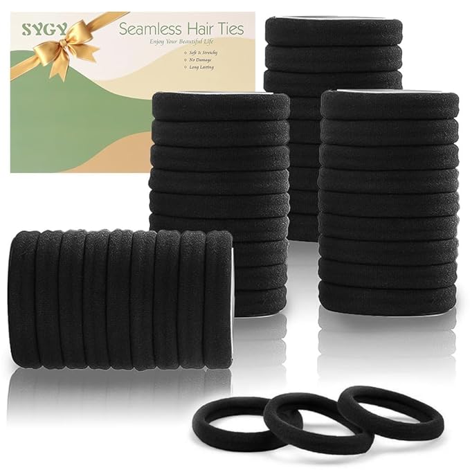 100PCS Black Hair Ties for Women, Seamless Cotton Hair Bands, No Crease No Damage Hair Tie for Thick Thin Hair, Soft Ponytail Holders, Hair Accessories for Girls