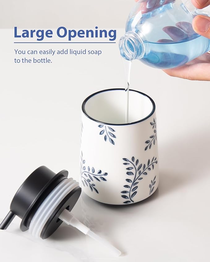 Hand Soap Dispenser for Bathroom, Ceramic Lotion Dispenser, Chinoiserie Bathroom Accessories, Blue and White Leaf