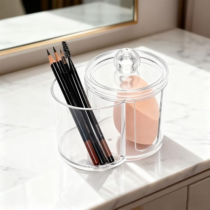 Dual-Compartment Cotton Swab & Pad Organizer with Removable Dustproof Lid, Bathroom Accessories Storage Organizer for Swabs, Cotton-Pads(COLOR:Transparent)