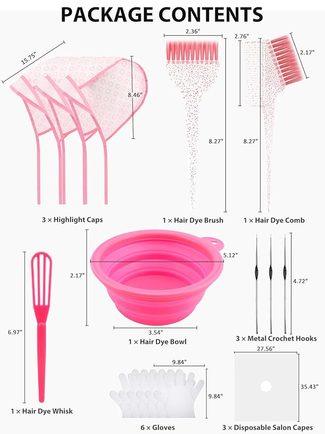 19PCS Hair Bleach Highlighting Kit with Hair Dye Brush and Bowl Set Color Whisk, Highlight Frosting Cap with Hook, Disposable Gloves Capes, Home Use Salon Tools for Hair Bleaching Coloring Dying