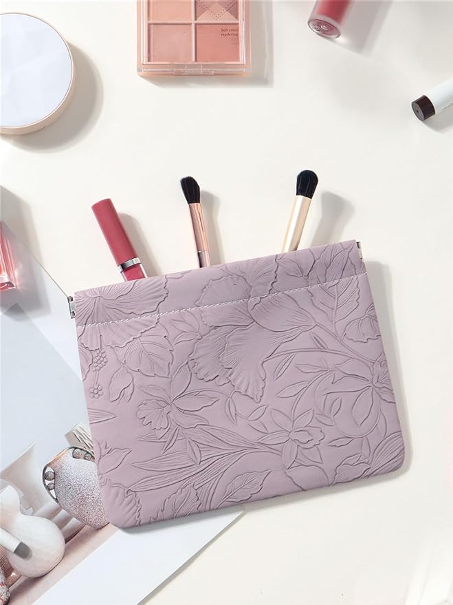 Floral Leather Makeup Pouch Set for Women Small Make Up Bag for Purse Waterproof Initial Makeup Cosmetic Bags Pouches for Purse Aesthetic Travel Toiletry Bag, Purple