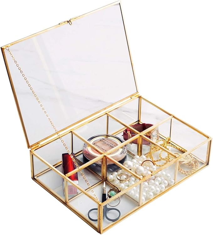 Golden Vintage Glass Box Clear Glass & Brass Metal Storage Jewelry and Cosmetic Makeup Lipstick Holder Organizer Beauty Display, 6 Compartment