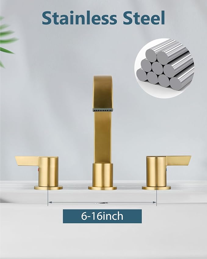 Aolemi Bathroom Faucets 3 Hole,8 Inch Widespread Waterfall Bathroom Sink Faucet,2 Handles Vanity Faucet with Pop-up Drain and Supply Hose,Gold