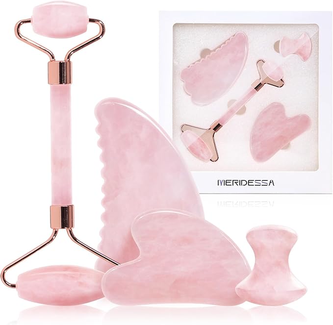 Jade Roller & Gua Sha Set for Face – 4PCS Natural Facial Massage Tools Kit, Lymphatic Drainage Beauty Set for Depuffing, Skin Firming & Relaxation – Self Care & Gift Ready