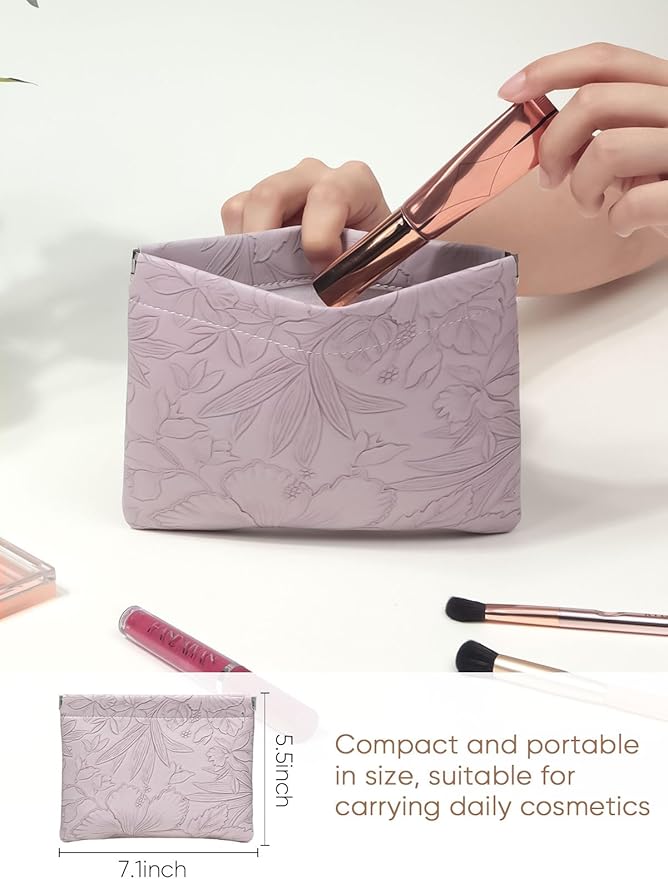 Floral Leather Makeup Pouch Set for Women Small Make Up Bag for Purse Waterproof Initial Makeup Cosmetic Bags Pouches for Purse Aesthetic Travel Toiletry Bag, Purple