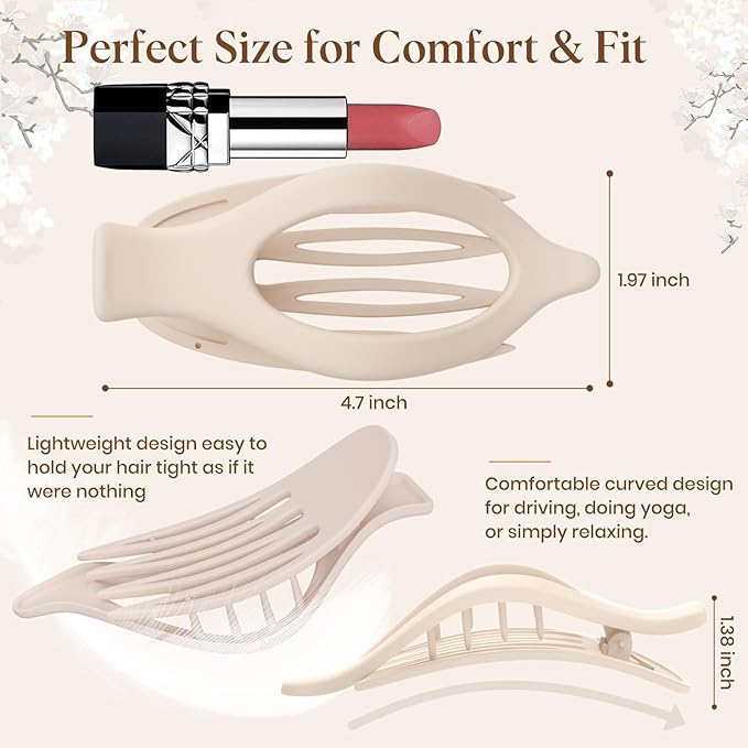 6 PCS Large Flat Hair Clips for Women Girls, French Concord Lay Down Flat Claw Clips for Thick Thin Hair, Comfortable Curved Hair Clip, Matte Non-slip Strong Hold Hair Accessories, Neutral