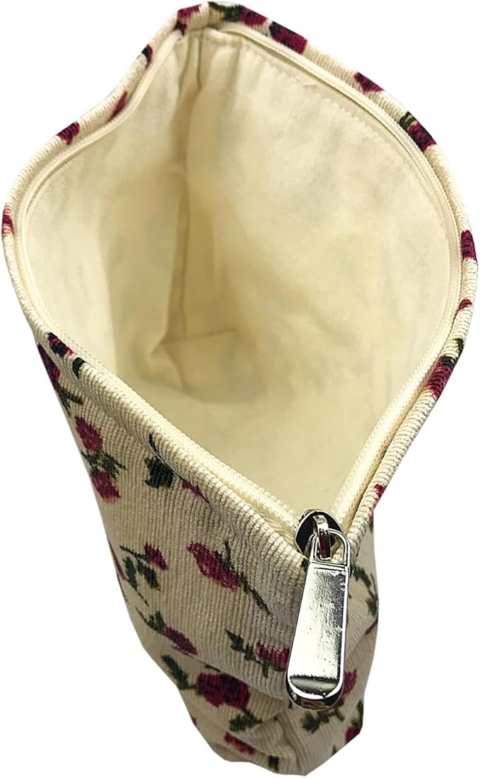 GUTGNK Corduroy Ladies Cosmetic Bag, Large Capacity Canvas Cosmetic Bag Travel Toiletry Bag Accessories Organizer, White Rose
