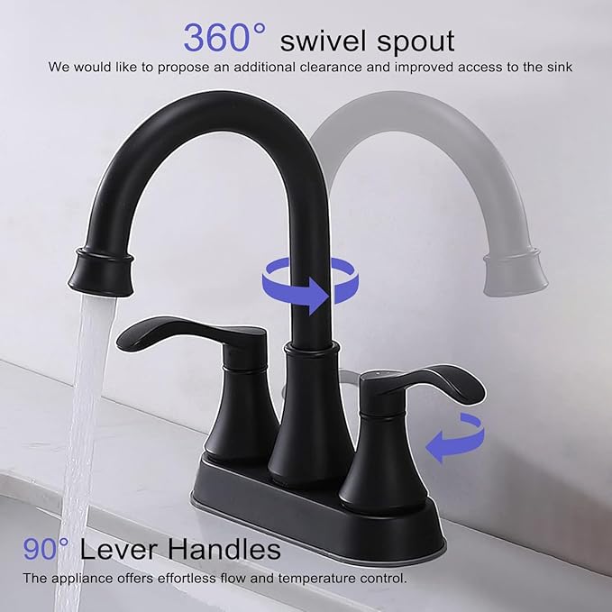 Matte Black Bathroom Sink Faucet, 2-Handle 4 Inch Centerset Lead-Free Modern Commercial, 360° Swivel High-Arc Spout Lavatory Vanity Faucets Set for Sink with Drain & Water Hoses, VALZST050B