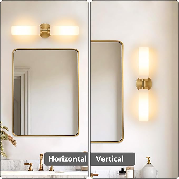 2 Light Brushed Brass Gold Bathroom Light Fixture Over Mirror, Modern Farmhouse Bathroom Vanity Lights with Milky White Frosted Glass Shade, Wall Sconce for Hallway Cabinet Bedroom Porch