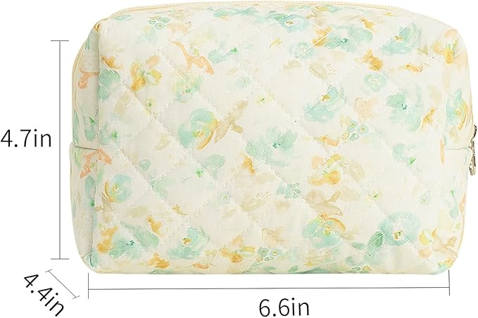Quilted Makeup Bag Floral Cotton Make up Bag Puffy Coquette Makeup pouch Aesthetic Cute Travel Toiletry Bag for Women Girls