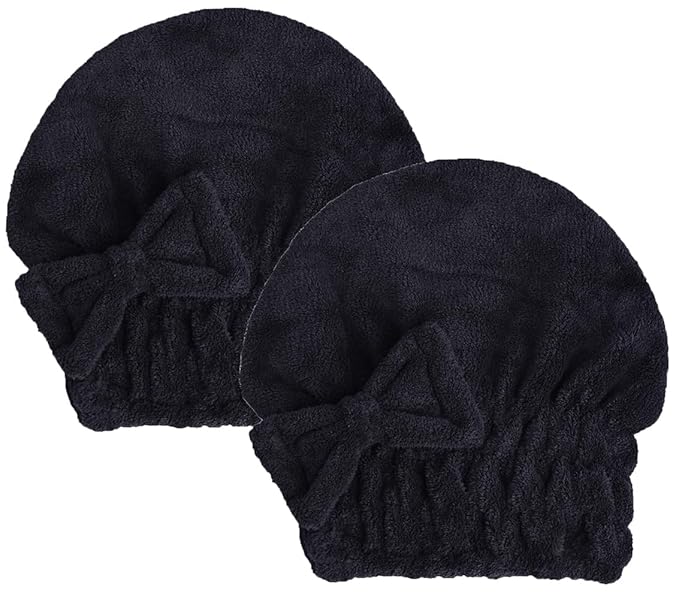 Microfiber Hair Drying Towels Head wrap with Bow-Knot Shower Cap Hair Turban hairWrap Bath Cap for Curly Long & Wet Hair Gift for Women Blackx2