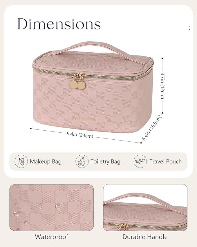Prite Makeup Bag, Large Capacity Portable Travel Cosmetic Bag, Waterproof Makeup Organizer for Women with Handle and Divider (001 Checkered Pink)