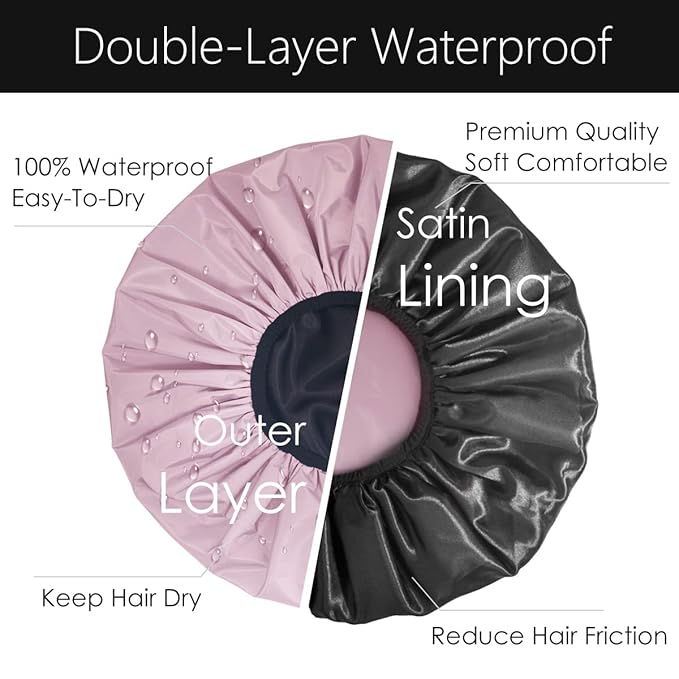Auban Extra Large Shower Cap, Double-Layer Waterproof Reusable, XL Satin Lining Shower Bonnet for Women Thick, Long Hair, Locs, Braids(Pink)