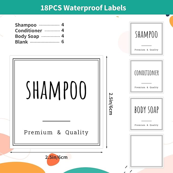 Segbeauty Waterproof Labels for Bottles, 18pcs Shampoo Conditioner White Label Stickers, Removable Self-Adhesive Soap Dispenser Stickers for Bathroom Kitchen Washstand Dresser Plastic Glass Bottle