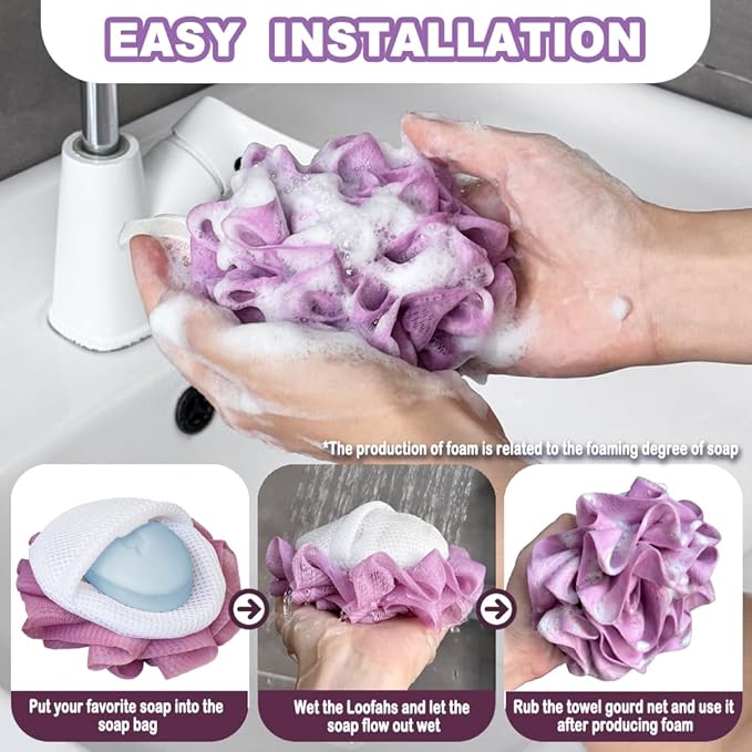 3 Pack Bath Loofah Shower with Soap Bags, Dual-Use Exfoliating Bath Sponges Soap Saver for Women & Men, Gentle Body Scrubber (White, Gray, Purple)