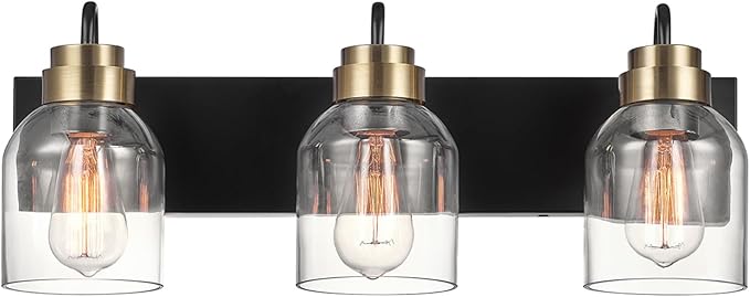 Globe Electric 63000200 22" 3-Light Vanity Light, Matte Black, Matte Brass Accents, Glass Shades, Beauty Room Accessories, Lights for Bathroom, Powder Room Lighting, Bathroom Lights Over Mirror