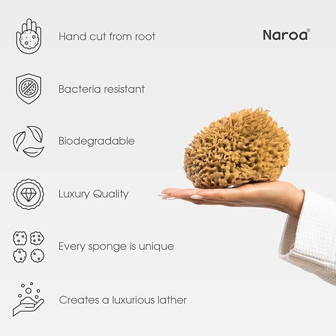 Naroa Soft Natural Sponge Large | Gentle Sea Loofah for Bathing Smooth Skin | Unbleached Shower Body Scrubber Puff | Bath & Spa (L)