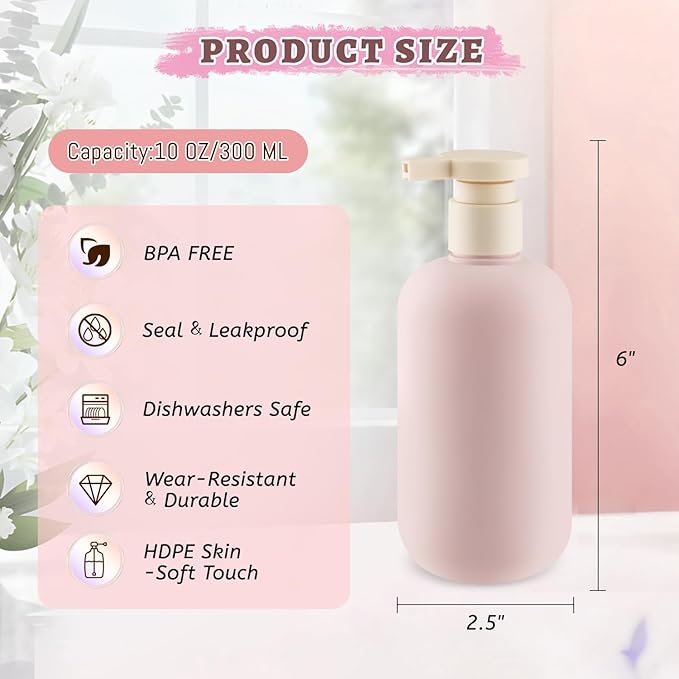6 Pcs 10 oz Soft Plastic Bottles with Press Pump,Empty Refillable Travel Shampoo Dispenser Container for Hand Soap,Shampoo,Lotion,Body Wash,Conditioner,Silicone Funnel Included (Pink)