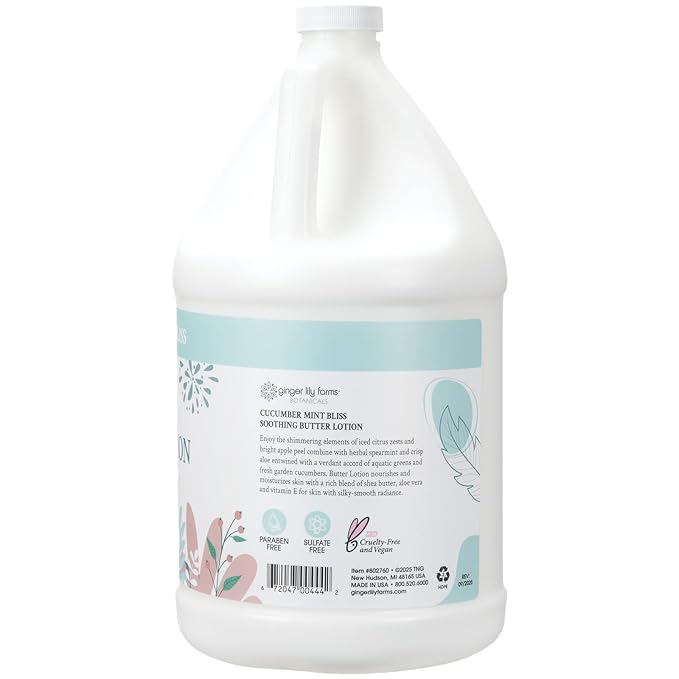 Ginger Lily Farms Botanicals Soothing Butter Lotion for Dry Skin, 100% Vegan & Cruelty-Free, Cucumber Mint Bliss Scent, 1 Gallon (128 fl oz) Refill