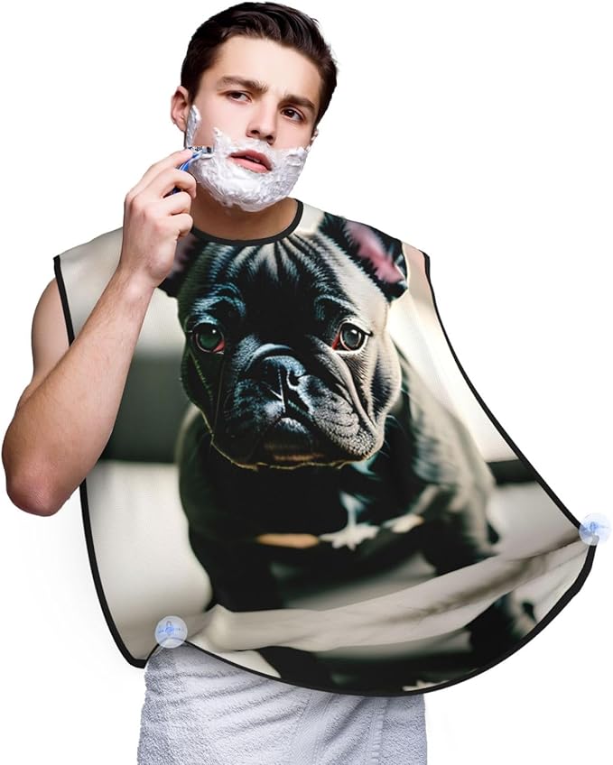 Adorable French Bulldog Print Beard Bib Apron For Men, Beard Hair Catcher For Men Shaving Trimming,Beard Cape Cloth, Black