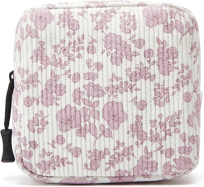 Small Makeup Bag for Purse,Mini Cosmetics Bag cute Zipper corduroy Cosmetic Pouch Storage Pouch Travel Toiletry Organizer for Women Girls(Plants Pink)