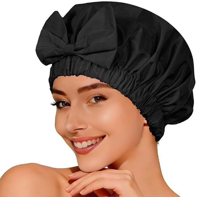 Reusable Shower Cap for Women with Stylish Bow, Non-Slip Waterproof Anti Humidity Bathing Cap, Roomy Anti Frizz for Short Medium Straight Wavy Hair, Soft Elastic & Machine Washable, Black