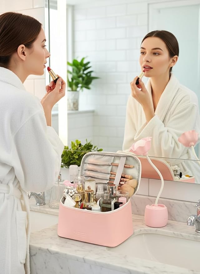 Meiyuuo Makeup Bag Large Cosmetic Bags for Women Girls Cute Travel Zipper Pouch Toiletry Organizer for Beauty Essentials Waterproof (Light Pink)