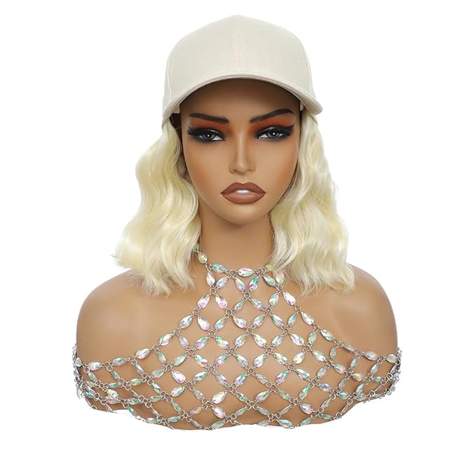 GUOJIAN Hat Wigs for Women 6' Short Wave Baseball Cap Wigs with Curly Hair Extensions Synthetic Wave Wig Adjustable Hat with Hair Attached for Daily Use (W60, 6inch)
