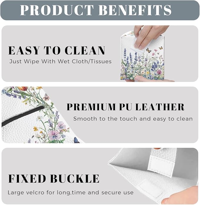 Wildflower Tissue Box Cover Colorful Spring Meadow Butterfly Garden Square PU Leather Waterproof Tissue Box Holder for Car Bathroom Bedroom Office Tabletop Decor