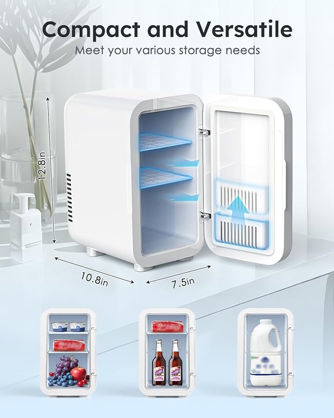 Skincare Fridge with Glass Panel, 6L Mini Fridge for Home/Car, AC/DC Portable Thermoelectric Cooler and Warmer, Makeup Mini Compact Refrigerator for Skincare Cosmetics Food Drinks (White)