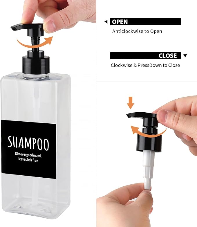 Shampoo and Conditioner Dispenser - Shower Soap Dispenser -16.9 Fluid Ounce Set, 3 Plastic Bottles and Black Pump - Shower Soap Dispenser, Suitable for Bathroom Refillable Dispenser