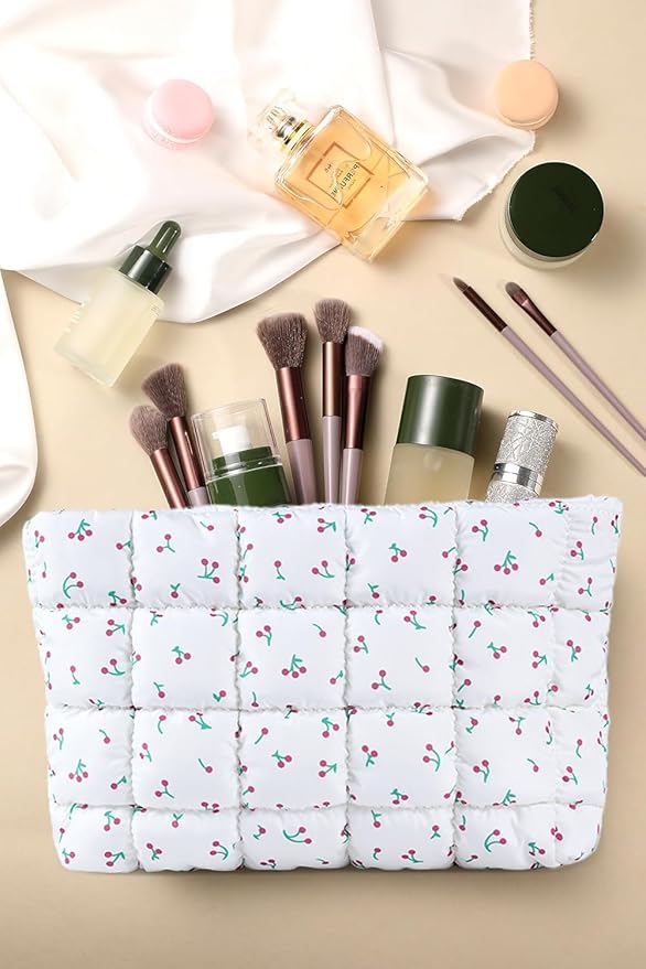 Puffy Quilted Makeup Bag, Cosmetic Bag, Travel Toiletry Organizer Pouch, Clutch for Women (Cherry)