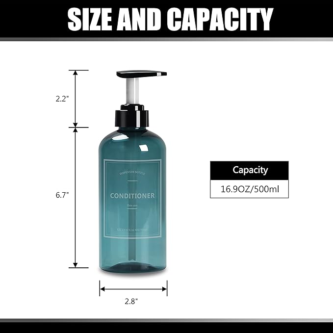 Shampoo Bottles with Pump, YACEYACE 3Pcs 16.9oz Blue Clear Empty Shampoo and Conditioner Dispenser, Refillable Shampoo and Conditioner Bottles with Labels, Body Wash Dispenser for Shower