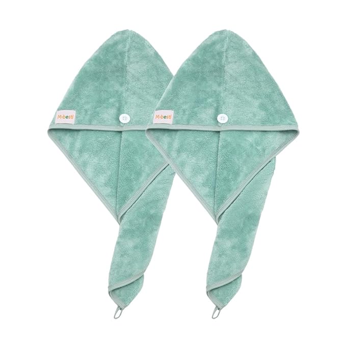 2 Pack Microfiber Hair Towel Wrap,Hair Drying Towel with Button, Hair Towel Turban,Head Towel to Dry Hair Quickly (Green&Green)