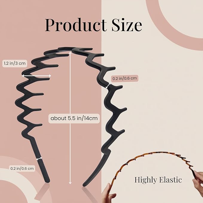 Zig Zag Headbands for Women Men, Non-slip Plastic Wavy Headband with Teeth Comb Hairbands Classic 90s Hair Accessories 2pcs (Matte Black)