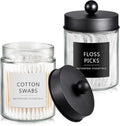 SheeChung 2-Pack Qtip Holder Dispenser - Glass Apothecary Jars with Rust-Proof Stainless Steel Lids - Modern Farmhouse Bathroom Vanity Organizer for Cotton Swabs, Balls, Pads(Black)
