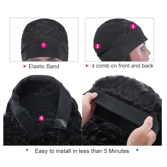 XSY 30 Inch Headband Wig Human Hair Deep Wave Glueless None Lace Front Wigs for Black Women 150% Density Curly Long Headband Wig Natural Color