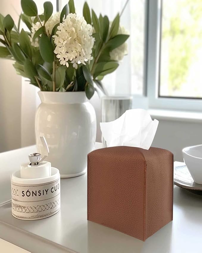 Leather Tissue Box Cover Square – [JESMINI, Brown] Modern PU Leather Cube Tissue Box Holder Decorative for Bathroom Vanity Countertop/Night Stands/Office Desk, 5x5x5