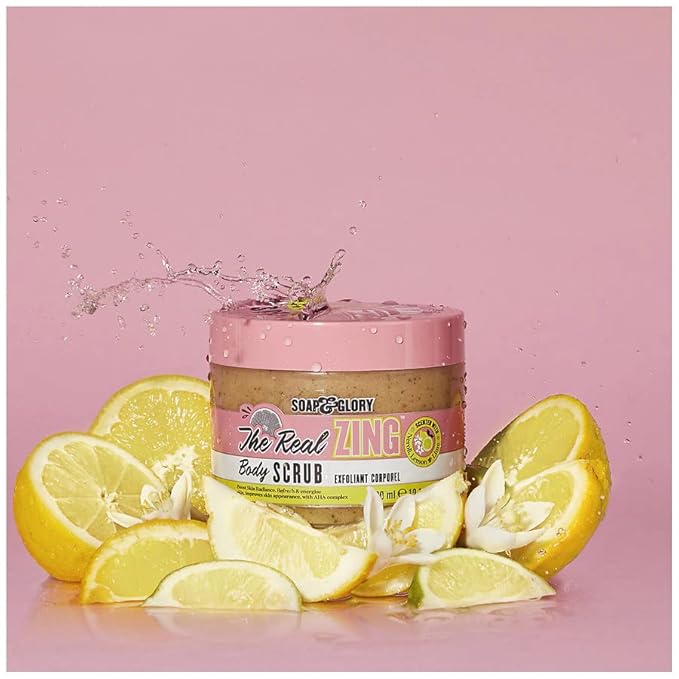 Soap & Glory The Real Zing Body Scrub - Smoothing & Buffing Sugar Scrub - Lemon Citrus Scented Body Polish - Skin Brightening Sea Salt Scrub (300ml)