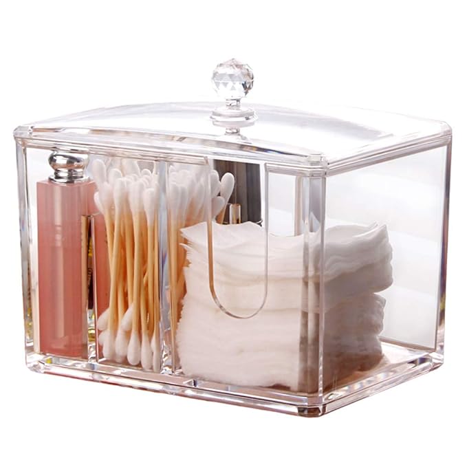 Qtip Cotton Pad Holder Dispenser Cotton Ball and Swab Storage with Lid Clear Acrylic Cotton Round Organizer, 4 Sections