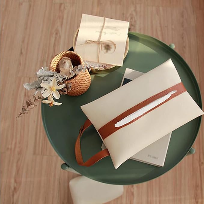 Tissues Box PU Leather Facial Paper Storage Case Rectangular Organizer Holder Decor with Hanging Strip for Kitchen Restaurant Countertops Bedroom Dressers Night Stands Desks (Beige)