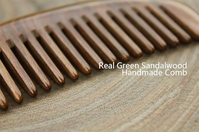 Real Natural Green Sandalwood Wooden Wide Tooth Comb for Curly Hair/Beard Pick Comb - NO SNAGS,NO STATIC,NO TANGLE (Wide tooth comb)