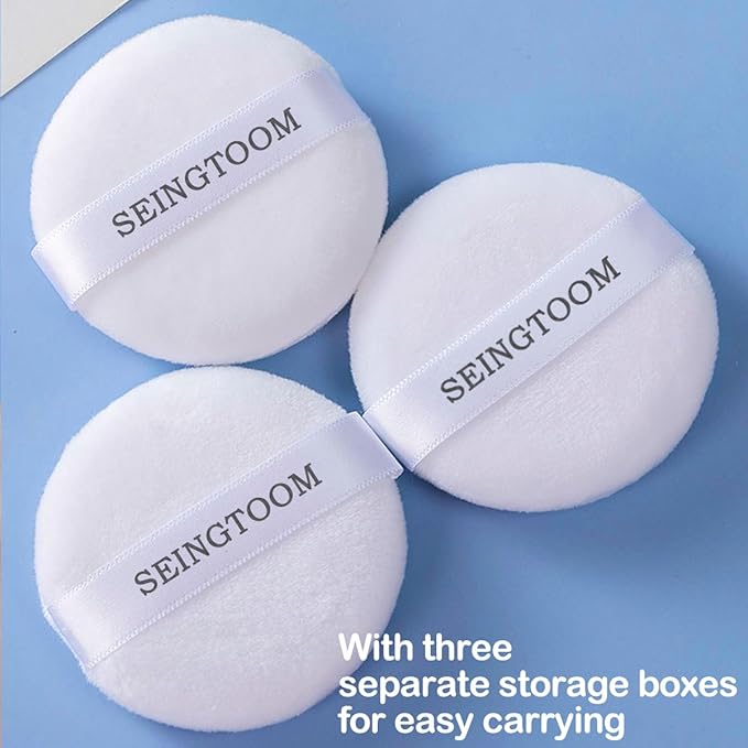 3Pcs Large Powder Puff, 3.93 Inch Body Puff，Loose Soft Velour Body Powder Puff and Container White