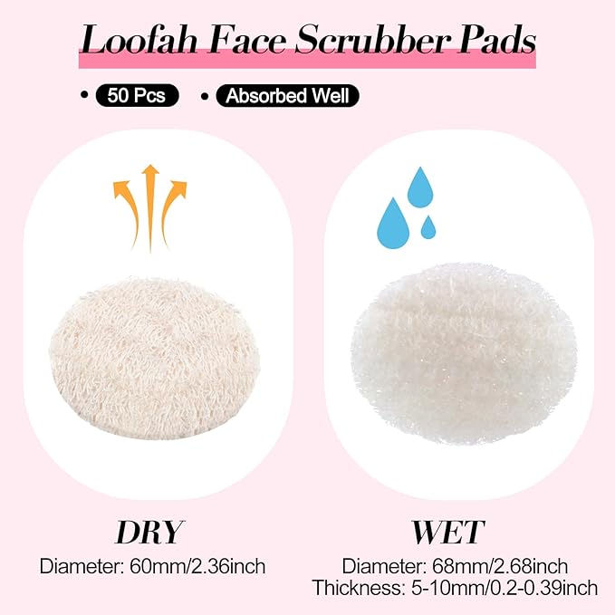 Bokon Loofah Exfoliating Face Pads 2.36 Inches Round Natural Loofah Sponge Body Face Scrubber Remove Dead Skin Facial Pad Bulk for Bath Shower Spa Skin Cleaning Women Men(50 Pcs,White)