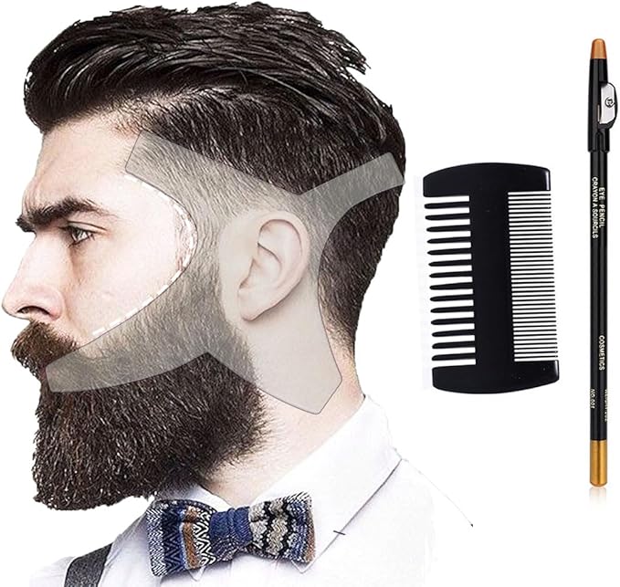 Beard Shaping Tool Template Men -(White) 100% Clear - Premium & Friendly Gift Package -Barber Pencil - Wooden Comb - Best Facial Hair Shaper Instrument - Great All Kind Beards & Shape Style