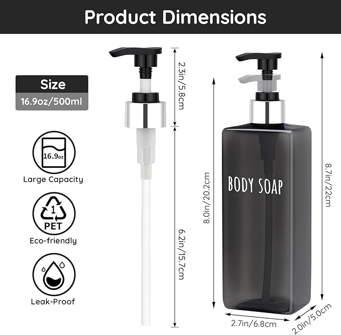 Segbeauty 16.9oz Empty Black Hand Soap Dispensers, 3pcs Large Plastic Lotion Pump Bottle, Refillable Square Pump Bottles for Shampoo and Conditioner, 500ml Pre-printed Bathroom Body Wash Gel Container