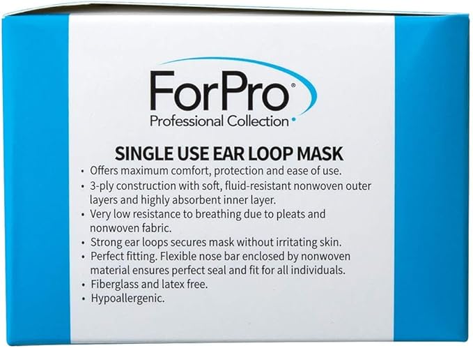 ForPro Professional Collection Single Use Ear Loop Mask, 3-Ply Disposable Non-Woven Face Mask, Latex-Free, Fiberglass-Free, Protects Against Pollen, Dust, 50-Count