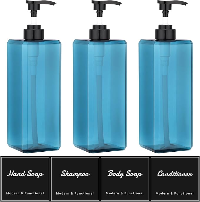 Suream 33.8oz/1000ml Lotion Dispenser, 3PCS Blue Refillable Shampoo and Conditioner Bottles with Labels, Square Soap Dispenser Set for Essential Oil Lotion Shampoo