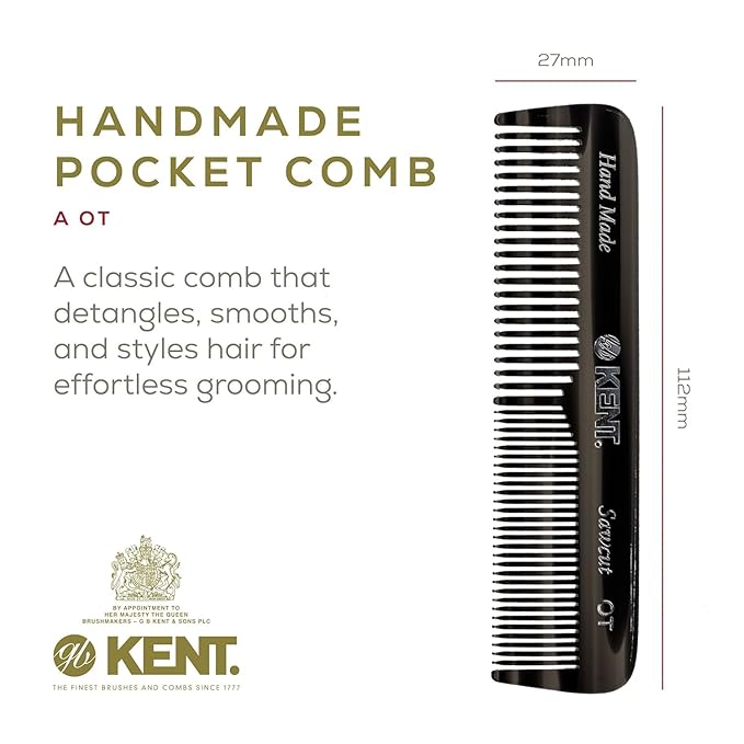 Kent OT 4.5 Inch Small Graphite Double Tooth Hair Pocket Comb, Fine/Wide Tooth Comb For Grooming Styling Hair, Beard and Mustache, for Men, Women and Kids. Saw Cut Hand Polished. Handmade in England